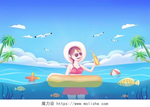 手绘卡通夏季夏天女孩游泳大海海边插画海报背景夏天夏日夏季背景